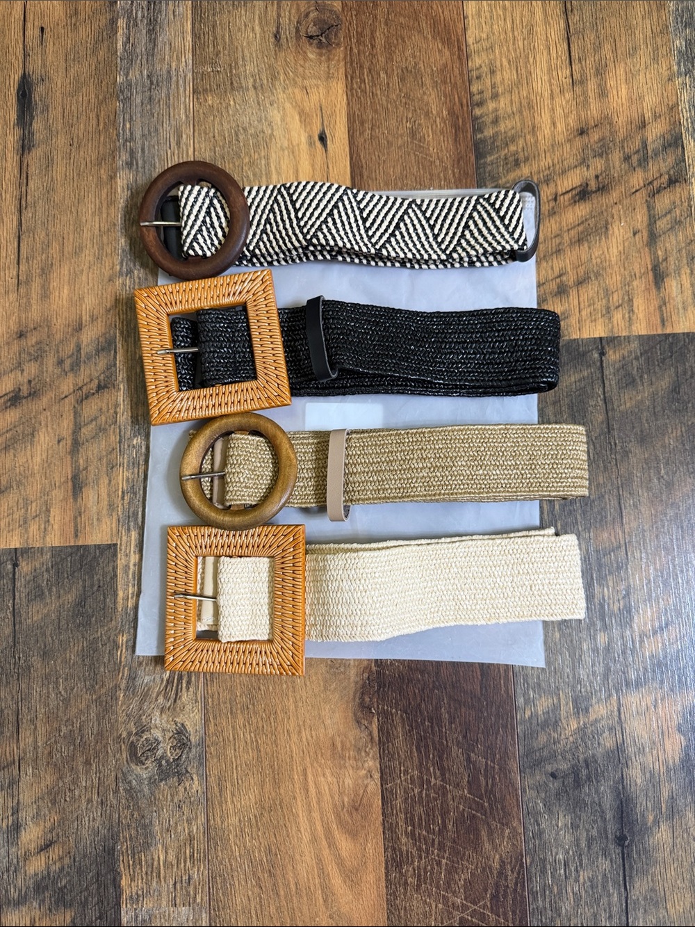 Pack of 4 Women’s Woven Fashion Belts - Black, Natural, Ivory, Pattern